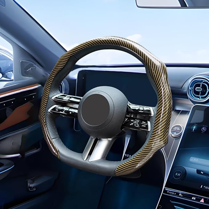 Car Steering Wheel Cover with Comfort Grip, 14.5-15" Carbon Fiber Laser Non-Slip Steering Wheel Protector, Cool Stylish Auto Interior Decor Accessories, Universal for Van SUV Sedan (Gold)