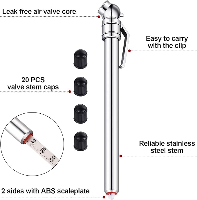 10 Pieces Pencil Tire Pressure Gauge Stainless Steel Stem Tire Pressure Gauge Accurate Mechanical Wheel Checker with 20 Pieces Tire Stem Valve Caps for Car Truck Motorcycle Bike