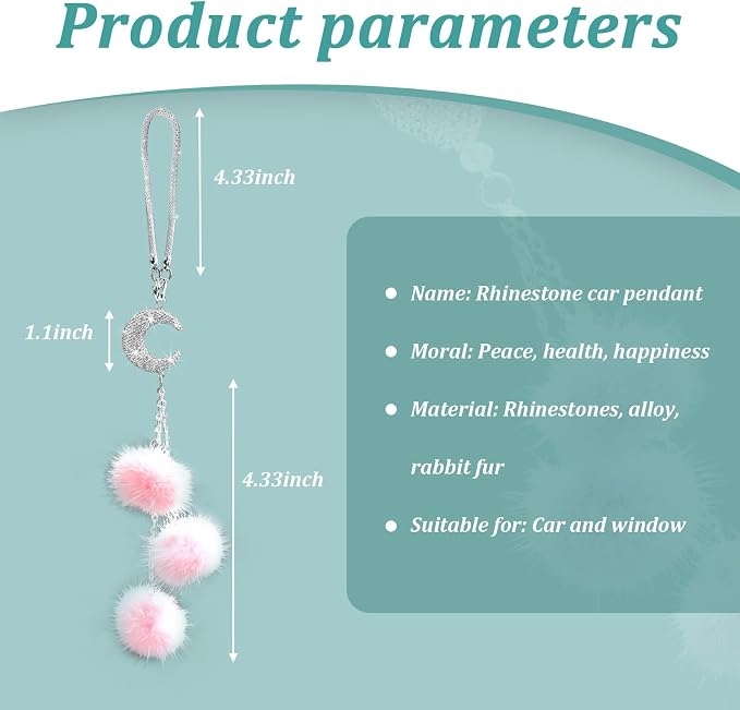 Bling Diamond Heart Car Interior Accessories, Car Mirror Hanging Ornament for Women, Love Heart & Pink Plush Ball Decor Ornament Pendant (Moon/Pink)