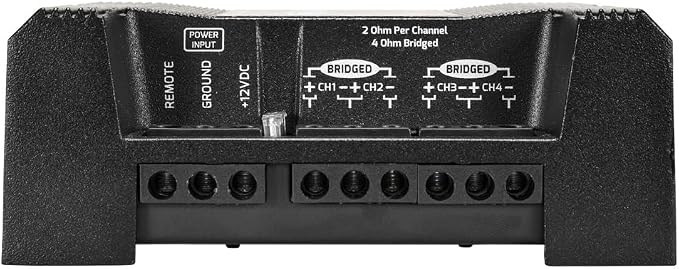 QS400.4 2 Ohm Mini Compact 4 Channel Car Audio Amplifier 4 x 100 Watts RMS at 2 Ohm - 400 Watt Amp Stereo 12 Volts Amp Class D Full Range Bridgeable