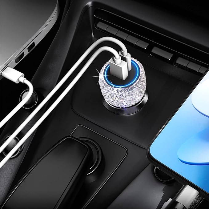 USB C Car Charger Adapter 54W Bling Diamond PD & QC 2-Port Type C Compact Car Charger Compatible for iPhone, iPad, Samsung Galaxy, LG, Google Pixel, Moto, USB-C Port