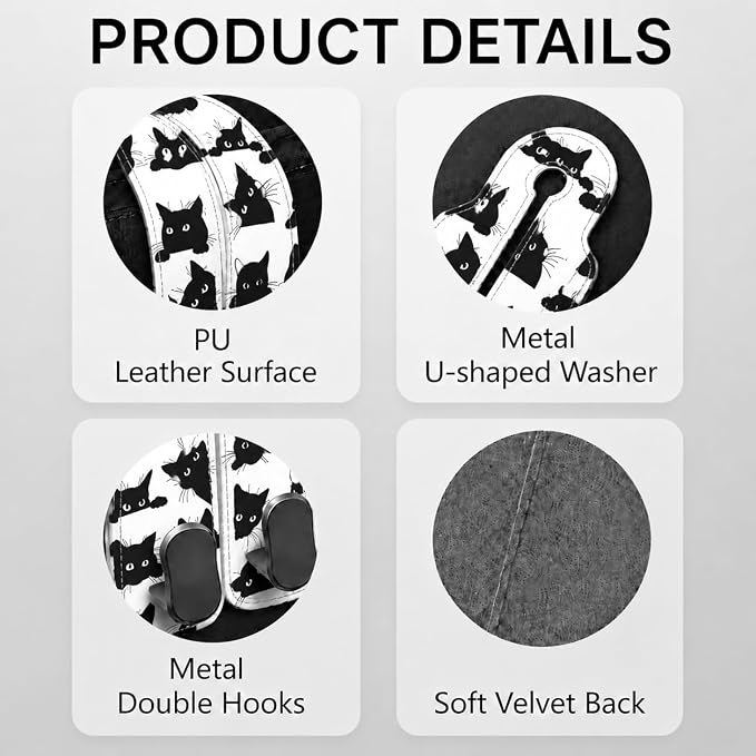 Cute Black Cat Car Seat Back Storage Headrest Hooks for Purses & Bags – 2PCS PU Leather Dual Metal Hooks, Backseat Organizer Accessories