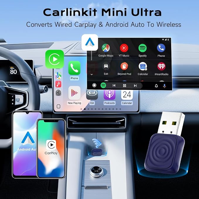 Mini Ultra Wireless CarPlay & Android Auto Adapter - Plug & Play Dongle for iPhone & Android, Convert Wired to Wireless, USB-A/USB-C Fast Connection, Compatible with OEM Wired Cars
