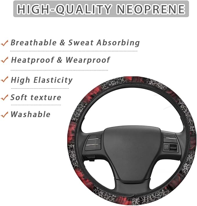 Retro Leopard Print Rose Sunflower Cow Pattern Wear-Resistant Steering Wheel Cover Fit for 15 inches Car Wheel Protector Automotive Accessories Universal Fit Car Van SUV Truck