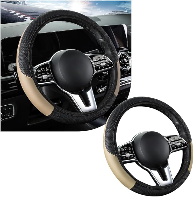 Car Steering Wheel Cover, 15 Inch Leather Breathable Auto Steering Wheel Protector, Comfortable Non-Slip Vehicle Steering Wheel Covers, Universal Interior Car Accessories (Beige, AD)