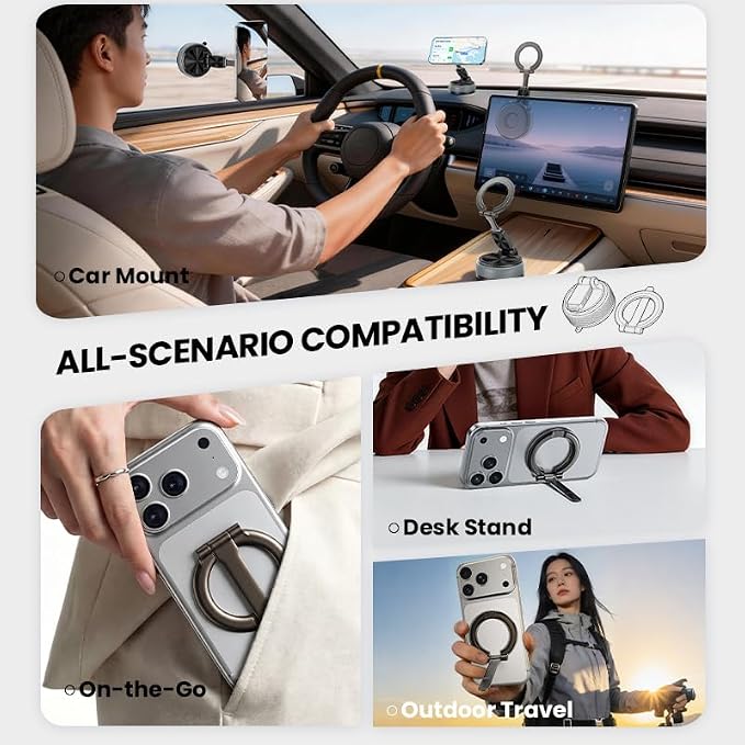 Magnetic Car Phone Mount, 2-in-1 Detachable Ring Stand for Desk & Dashboard, 360° Triple Axis Windshield Holder, N52 Strong Magnet, Universal Fit, Includes 2 Metal Plates,（Grey）