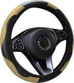 Car Steering Wheel Cover, 15 inch Carbon Fiber Microfiber Anti-Slip Breathable PU Leather Elastic Steering Wheel Protector, Car Interior Accessories for Most Cars (Beige)