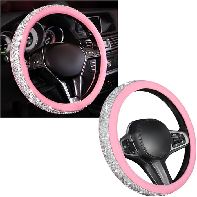Steering Wheel Cover, Bling Crystal Rhinestones Auto Wheel Protector, Sparkly Cover Universal Fit Diverse 14.5-15 inch Steering Wheel, Interior Decor Car Accessories (White+Pink)