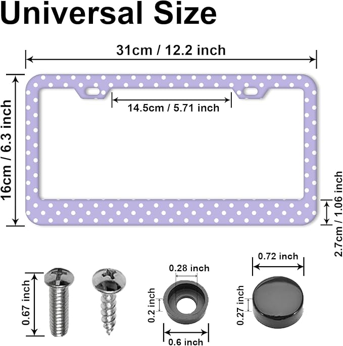 Polka Dots License Plate Frames，Polka dots Car Accessories for Women and Men ，Cute License Plate，Aluminum License Plate Frame Fits Standard US Vehicles Size 12.2 x 6 Inch (Purple-Polka dots)