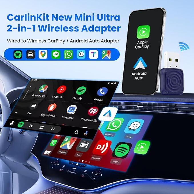 Mini Ultra 2-in-1 Wireless Android Auto for Android 11+ & Wireless CarPlay Adapter for iOS 10+, USB-C/A, Plug & Play, Low Latency, Mini USB Design for OEM Cars, Dark Blue