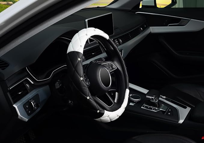 Diamond Soft Leather Steering Wheel Cover with Bling Bling Crystal Rhinestones, Universal 15 inch, Black White