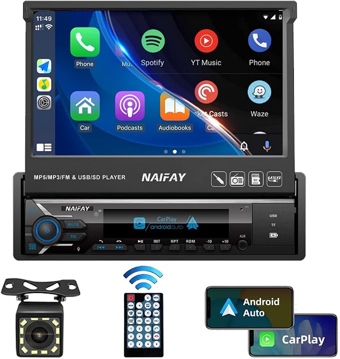 Single Din Touchscreen Car Stereo with Carplay & Android Auto, 7inch Flip Out Screen Car Stereo with Bluetooth Car Audio Receivers, Backup Camera, FM Radio/Mirror Link/USB/AUX/TF/Subwoofer
