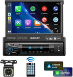 Single Din Touchscreen Car Stereo with Carplay & Android Auto, 7inch Flip Out Screen Car Stereo with Bluetooth Car Audio Receivers, Backup Camera, FM Radio/Mirror Link/USB/AUX/TF/Subwoofer