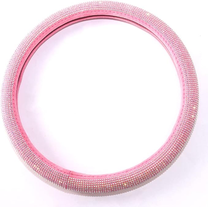 Pink Bling Steering Wheel Cover for Women Sparkly Rhinestone Bedazzled Car Accessories Diamond Cute 15.5-16 inch for Large Size Steering Wheel