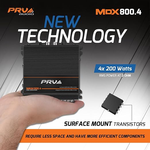 MDX800.4 2 Ohm Mini 4 Channel Car Audio Amplifier 4 x 200 Watts RMS at 2 Ohm - Compact 800x4 Amp Stereo, 800 Watts RMS, 2 Channel bridgedable, Multichannel Full Range