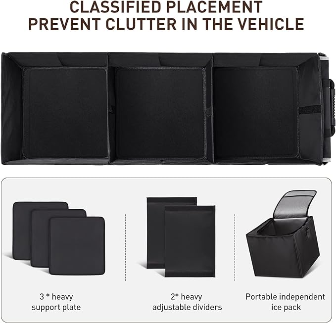 4 in 1 Car Trunk Storage Organizer with Leakproof Cooler Bag, Multi-Compartment Foldable Trunk Storage Box for Car Truck SUV Black