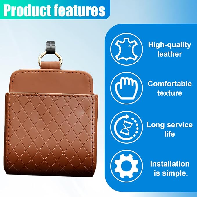 YoRise Car Air Vent Storage Bag, PU Leather Auto Hanging Storage Pouch with Hook, Portable Car Console Organizer, Vehicle Dashboard Organizer Accessories for Key, Cell Phone, Coin, Sunglasses (Brown)