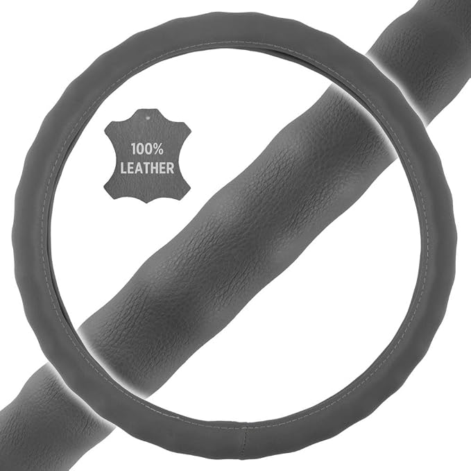 Gray Leather Car Steering Wheel Cover Large Size 15.5 to 16 inch, Easy Installation