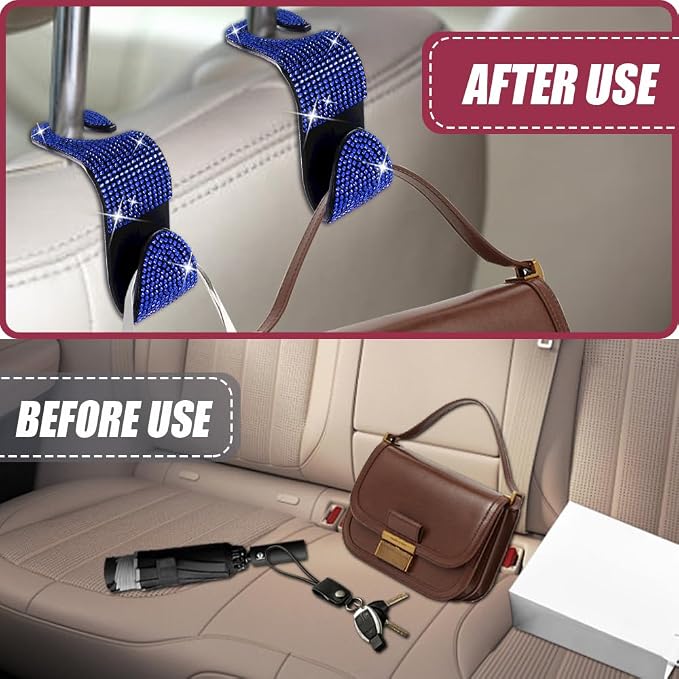 2 Pack Car Hooks, Bling Rhinestones Crystal Hooks, Auto Seat Back Organizers, Car Decorations Backseat Hanger, Car Seat Hooks Perfect for Holding Handbags, Clothes, Purses and Water Bottles