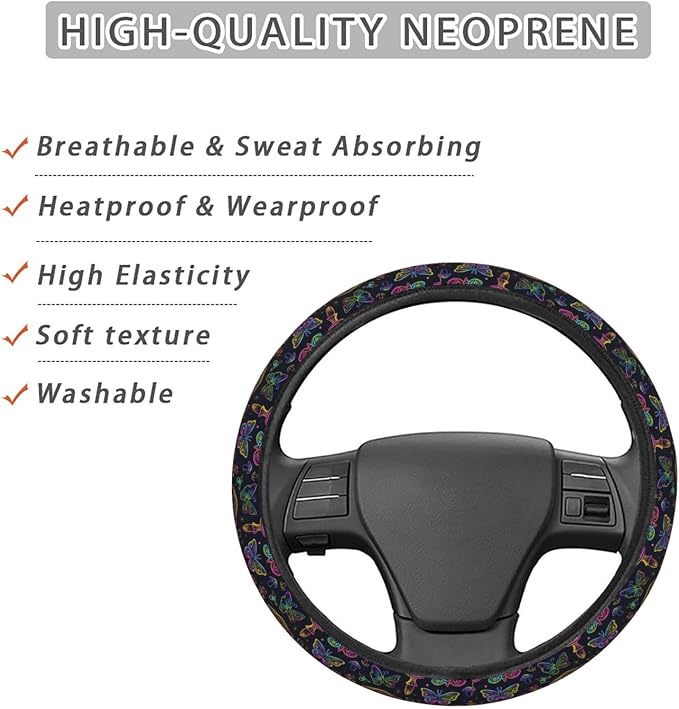 Neon Night Moths Butterflies Mushroom Steering Wheel Covers Anti-Slip Elasticity Car Accessories Steering Wheel Protector Universal 15 Inch for Cars SUV Vehicle Truck