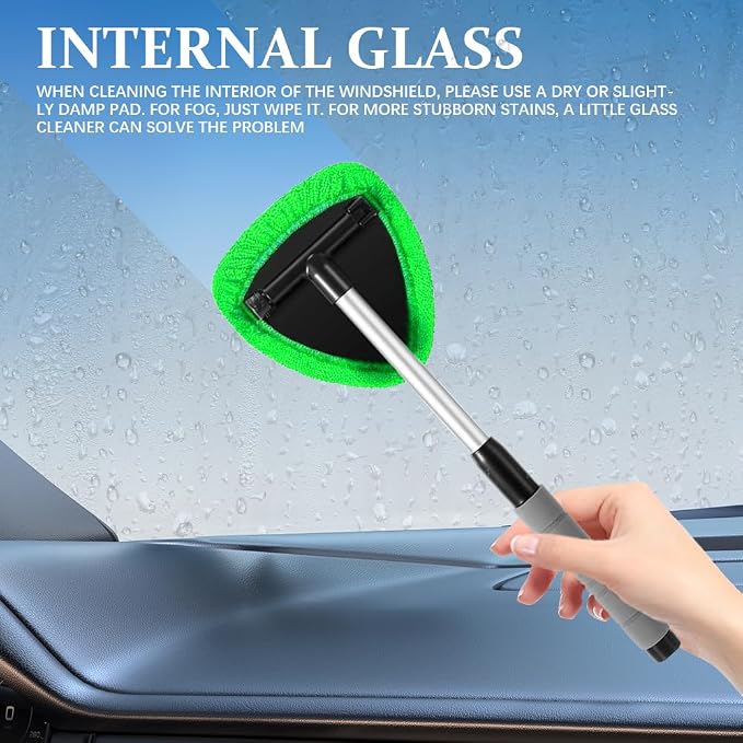 19" Extra-Long Windshield Cleaner Tool, Auto Glass Wiper Brush Kit | Car Interior Detailing Cleaning Kit with Extendable Handle and 4 Reusable Microfiber Pads, Car Window Cleaner, for Cars