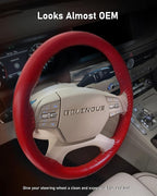 Leather Steering Wheel Cover Lace Up, Stitch on Steering Wheel Wrap, Universal Fit 13-20 Inch Car Truck Pickup Boat, A Whole Piece of Cowhide, DIY w/Needle Thread (Size M3, Red)