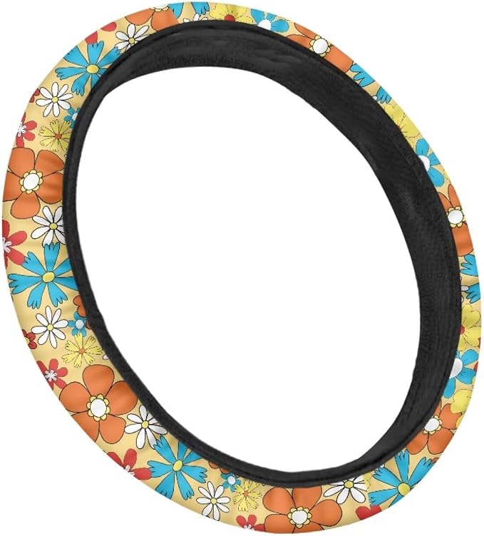 Groovy Hippie Flower Pattern Car Steering Wheel Cover with a Diameter of 15" Sports Style Auto Wheel Cover Vehicle Wheel Protector Steering Wheels Accessories for Car SUV Van Truck