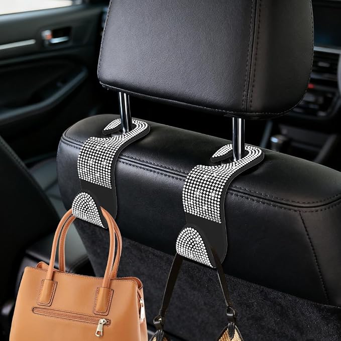 4PCS Bling Car Seat Headrest Hooks, Purse Holder for Car, Vehicle Back Seat Purse Handbag Hanging Holder with Crystal Rhinestone, Diamond Car Rear Seat Organizer for Vehicles (White)