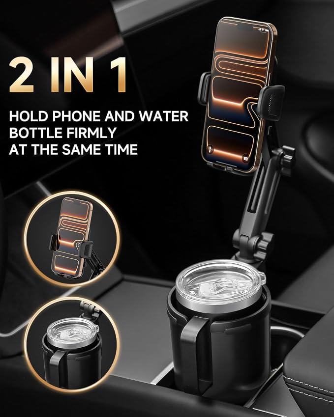 Cup Holder Phone Holder for Car, 2 in 1 Cup Holder Phone Mount with Adjustable Base, Long-Arm Supports 360° Rotation, Car Phone Holder Compatible with All Phones| Anti-Slip&No Shake Design