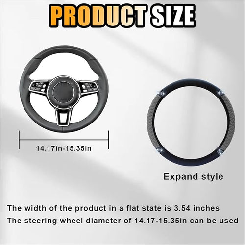 15 Inch Bling Soft Leather Car Steering Wheel Cover, Grey | Colorful Rhinestones Design, Auto Elastic Protector for Women Girls, Crystal Diamond Car Accessories for Most Cars, SUVs