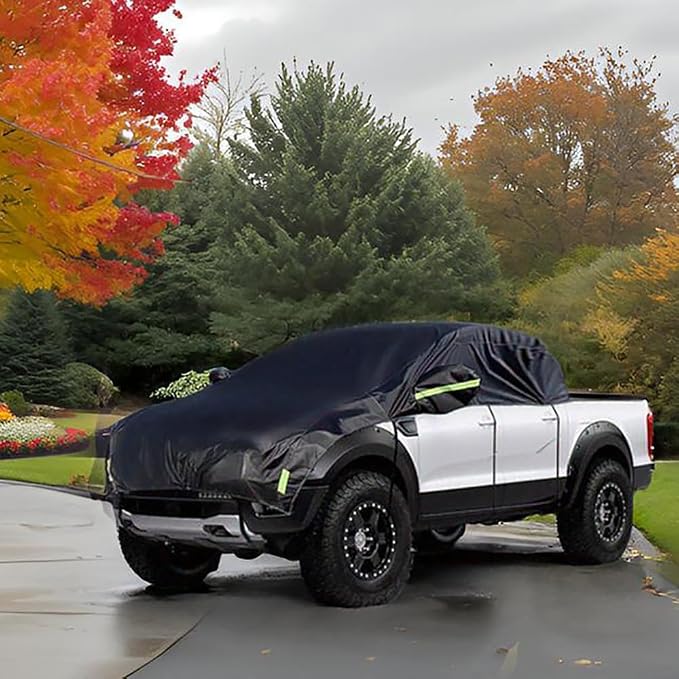 Half Car Cover All Weather Car Body Cover for All Season Sunshade Cover Snow Cover Waterproof 210D Polyester with Cotton (Fit Small and Medium Size Pickup (Crew Cab))