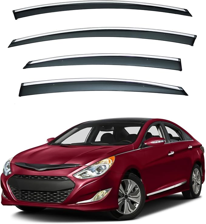 4pcs Smoke Tint with Chrome Trim Outside Mount Tape On/Clip On Style PVC Sun Rain Guard Vent Window Visors Compatible with 11-14 Sonata i45 YF 15 Hybrid