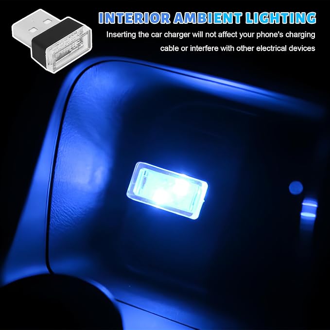 4 PCS USB LED Car Atmosphere Lamp, Mini Night LED Vehicle Trunk Ambient Lighting Kit, Portable Plug-in USB Interface Vehicle Decor Atmosphere Lamp, Interior Car Accessories (Blue)