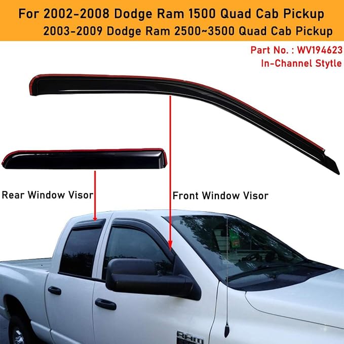 Extra Durable Clip-on in-Channel Auto Vent Window Visors, Fits 2002-2008 Dodge Ram 1500, 2003-2009 Ram 2500 & 3500, Quad Cab, UV-Protect Rain Guards, Original Wind Deflector, Smoke, 4-Pcs