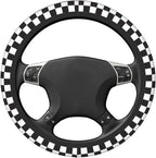Black and White Checkered Steering Wheel Cover for Women, Universal Auto Steering Wheel 14-15 Inch Car Interior Accessories with 2PCS Car Coasters, Suitable for Men and Women