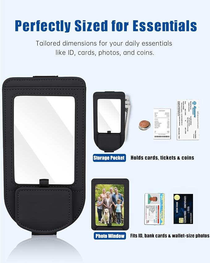 Car Visor Sunglasses Holder, 3 in 1 Glasses Clip with Photo Picture Display & Extra Storage Pocket, Anti-Slip Universal Sun Visor Organizer, 2026 Upgraded (2, Black)
