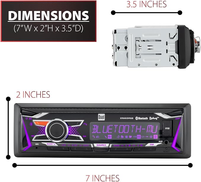 XRM69RGB Single DIN Car Stereo RGB Bluetooth & AM/FM | Customizable RGB colors, hands-free Bluetooth calling & streaming, push to talk voice assistant, USB playback