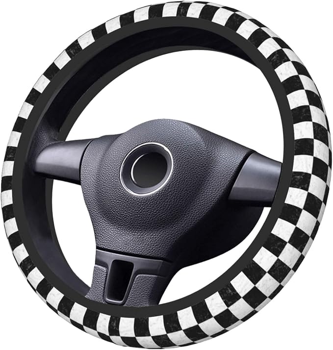 Checkerboard Steering Wheel Cover Car Steering Wheel Protector | Black White Elastic Anti-Slip Breathable Car Accessories Interior for Women Men Universal 15 Inch Fit Auto SUVs Vans Truck