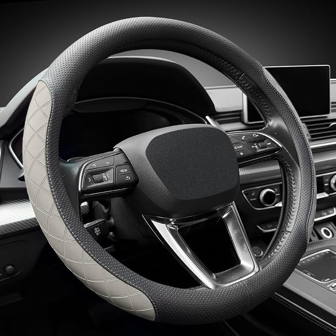 Nappa Leather Steering Wheel Cover,Elegant Diamond Checkered Design, Non-Slip wear-Resistant, Enhance Driving Comfort, Suitable for Steering Wheel Diameter 14 1/2‘-15’ Models.Black Gray