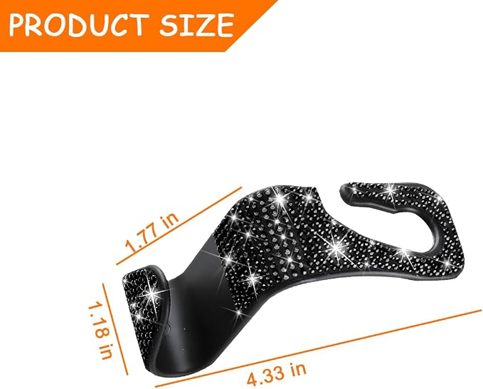 Mandark 4PCS Bling Car Seat Headrest Hooks, Crystal Rhinestone Vehicle Seat Back Hanger for Grocery Purses Handbags, Diamond Auto Seatback Storage Organizer Hanger, Universal for Most Cars (Black)
