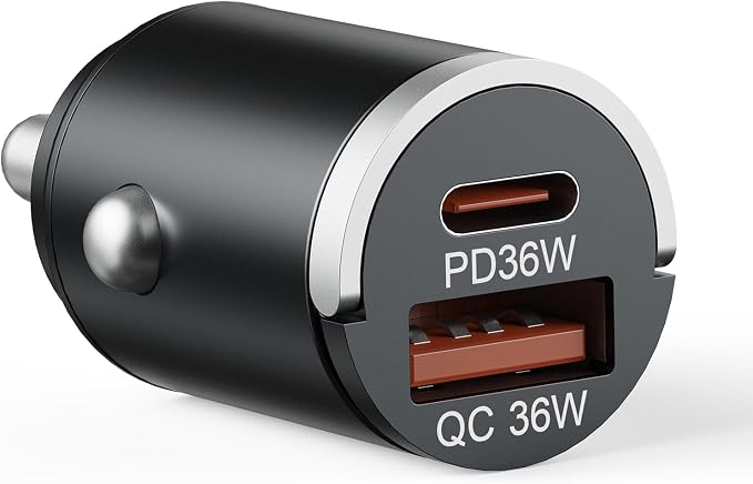 USB C Car Charger Fast Charging, 36W Dual Port Car Charger Adapter, PD 36W USB C & QC USB A, Mini Aluminum Car Charger for iPhone 17/16/15, Samsung, Huawei, iPad, AirPods