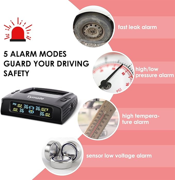 TM2 RV Tire Pressure Monitoring System, Tire Pressure Monitor with Solar Charge, TPMS with 4 Sensors(Max. 10) & 6 Alarm Modes, Color LCD Display, 0-144PSI for RV/Trailer/Truck/SUV/Fifth Wheel