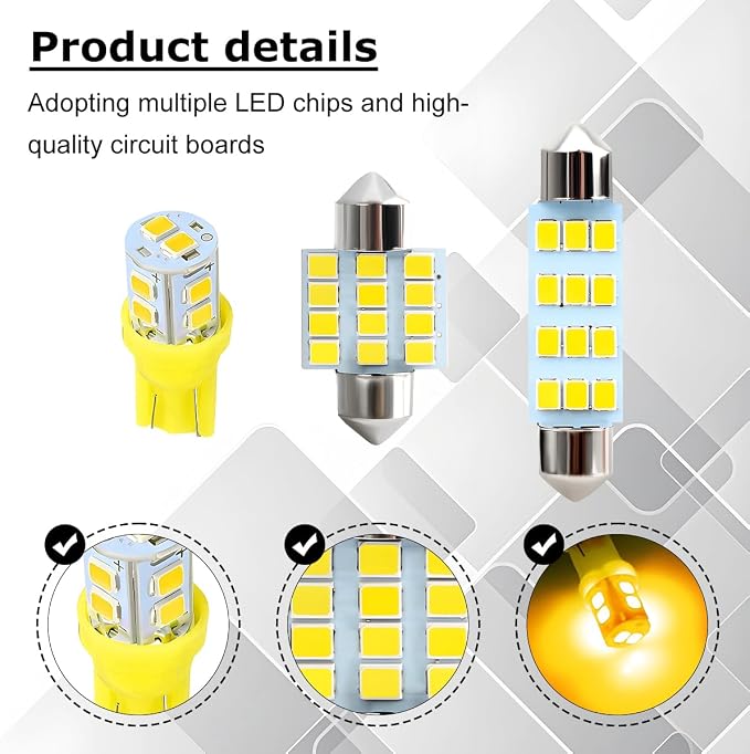 24PCS LED Interior Car Lights, T10 31mm 41mm Dome Bulb Kit, Yellow | 194 168 2825 DE3175 578 sockets, alloy PCB, output for map trunk license tag, plug in, automotive accessories