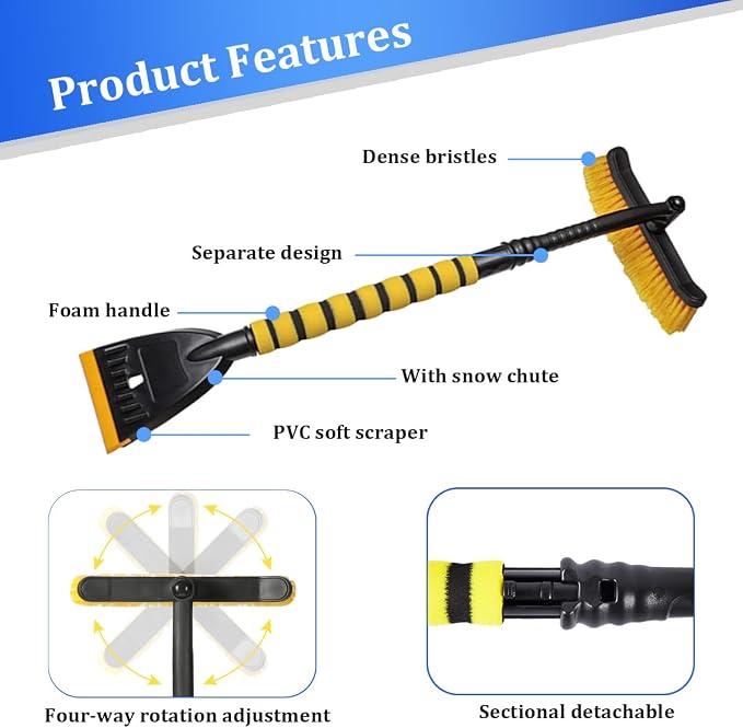 Car Snow Brush and Ice Scraper, 2 in 1 Detachable Aluminum Vehicle Snow Removal Tool with Ergonomic Foam Grip for Windshield, Automotive Ice Shovel Accessories, Universal Fit (Yellow/Black)