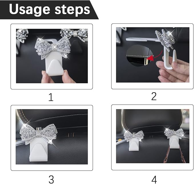 Zpana Bling Car Headreat Hook, 2PCS Crystal Rhinestone Cute Bow Vehicle Seat Back Hanger Storage for Purses Bags Grocery, Diamond Auto Rear Seat Organizer, Universal for SUV Truck Sedan (White)