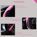 Ultra Fine Carbon Fiber Leather Steering Wheel Cover, Anti Slip and Sun Protective Protect the Steering Wheel, Easy to Install,Universal of 14.5"-15" (Pink)