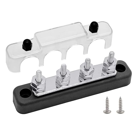 4 x #10 (M5) Studs Bus Bar, 4.2" Ground Distribution Block Brass Battery BusBar Junction with Cover for Auto Boat Amplifier and More (Black)