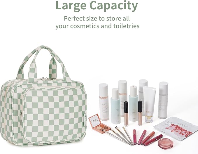 Hanging Toiletry Bag for Women Travel Checkered Makeup Bag Organizer Toiletries Bag for Travel Size Essentials, Accessories, Brushes, Cosmetics (Green Checkerboard (Medium))