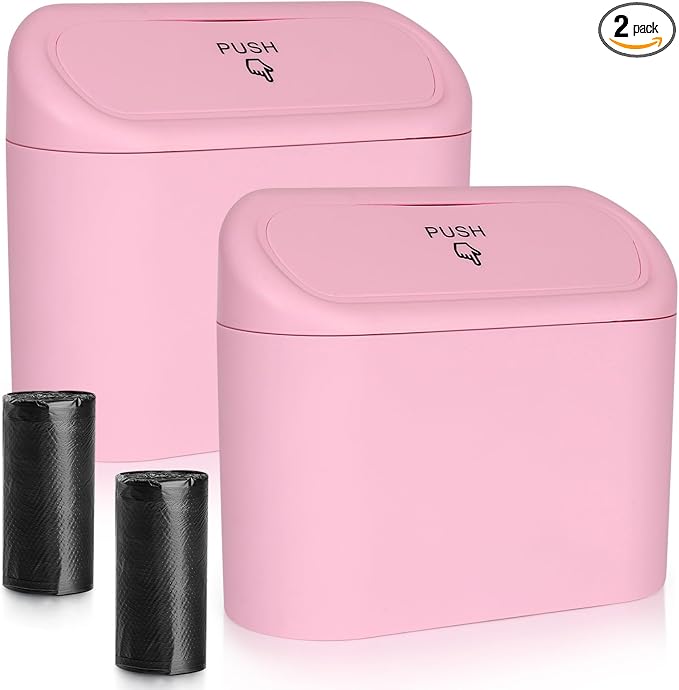 Car Trash Can with Lid, 2 Pack Pink Mini Vehicle Trash Bin Dustbin Garbage Organizer Holder with Trash Bag, Small Hanging Leakproof Auto Storage Bag Container for Car SUV Home Office