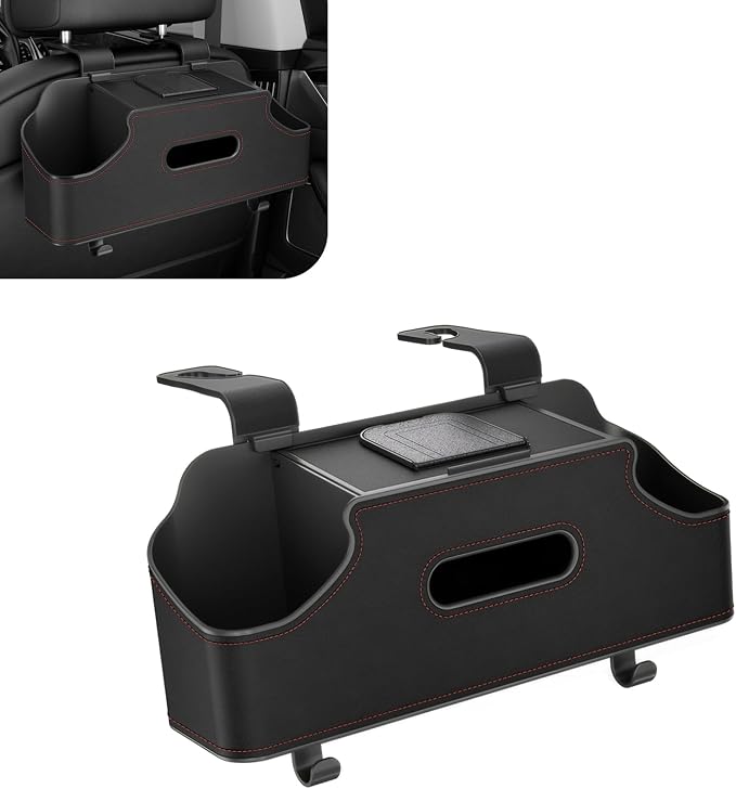 1 PC Car Seat Back Organizer, Car Back Seat Multi-Function Storage Box with 2 Drink Cup Holders, 11.42" x 3.35" Leather Tissue Organizer, Universal for Most Cars, Trucks, SUVs (Black)